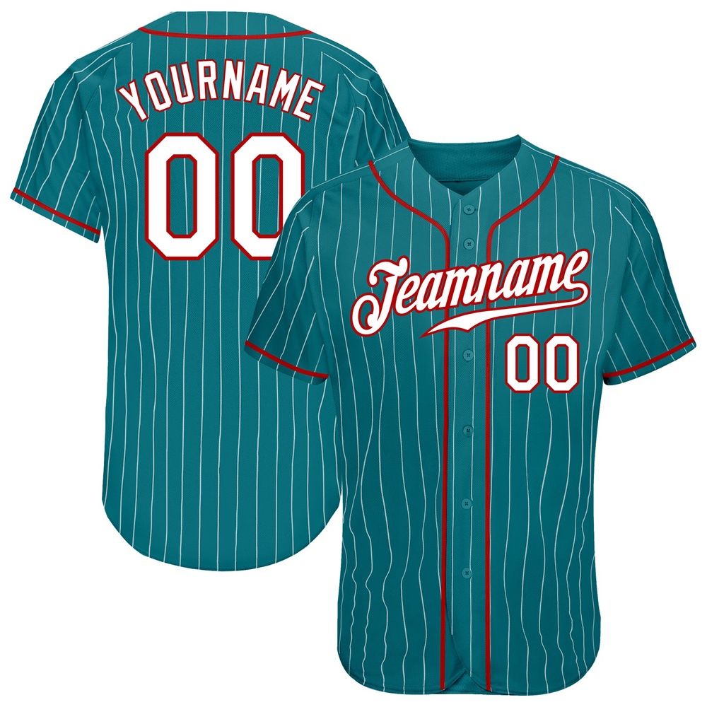 Teal White Pinstripe White-Red Authentic Baseball Jersey, Custom Baseball Jersey, Personalized Sport Jersey Teal White Pinstripe White-Red Authentic Baseball Jersey, Custom Baseball Jersey, Personalized Sport Jersey