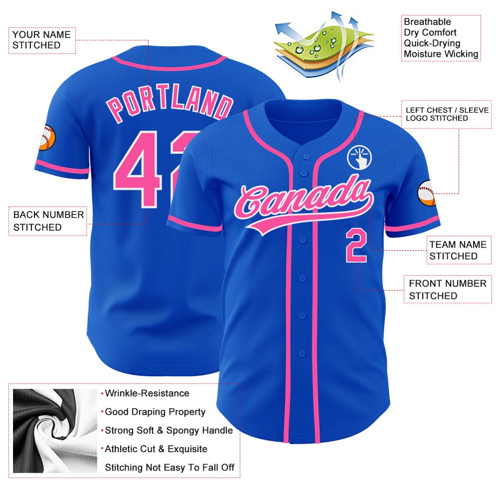 Thunder Blue Pink-White Authentic Baseball Jersey, Custom Baseball Jersey, Personalized Sport Jersey Thunder Blue Pink-White Authentic Baseball Jersey, Custom Baseball Jersey, Personalized Sport Jersey