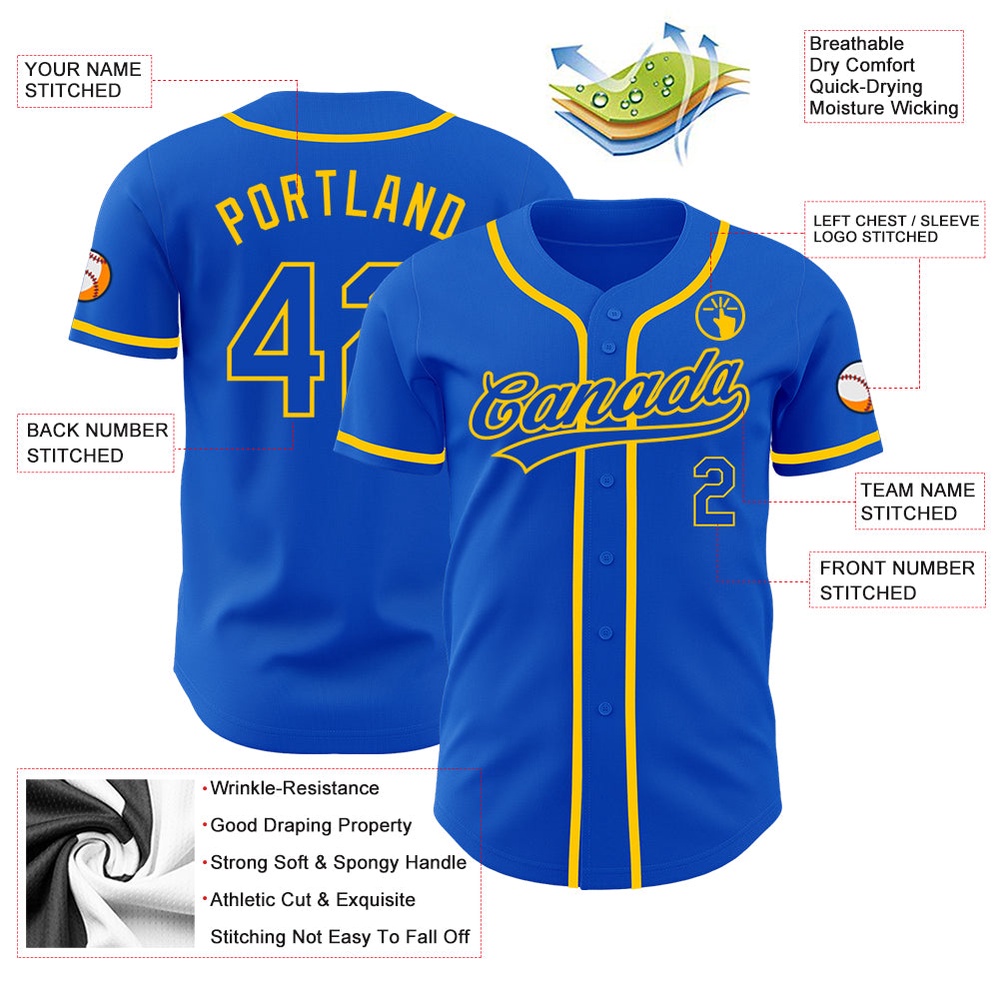 Thunder Blue Yellow Authentic Baseball Jersey, Custom Baseball Jersey, Personalized Sport Jersey