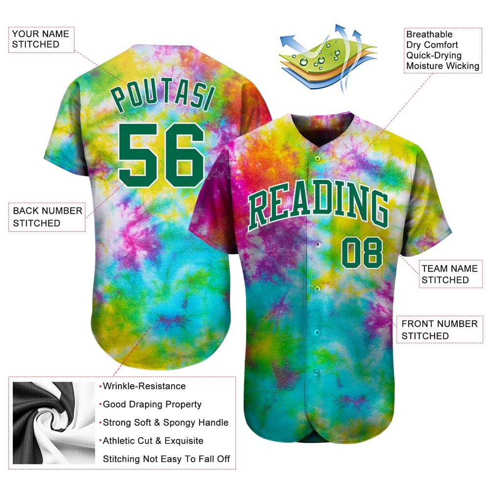 Tie Dye Kelly Green-White 3D Authentic Baseball Jersey, Custom Baseball Jersey, Personalized Sport Jersey