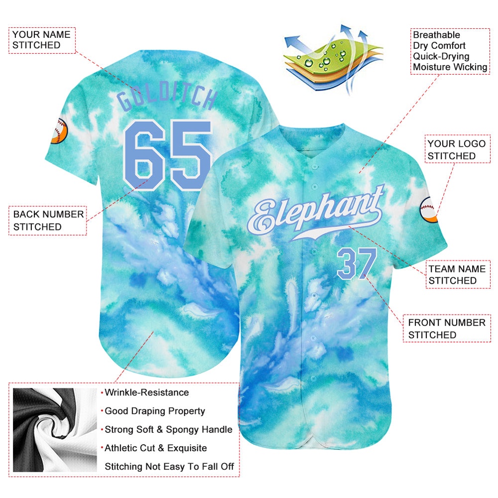 Tie Dye Light Blue-White 3D Authentic Baseball Jersey, Custom Baseball Jersey, Personalized Sport Jersey