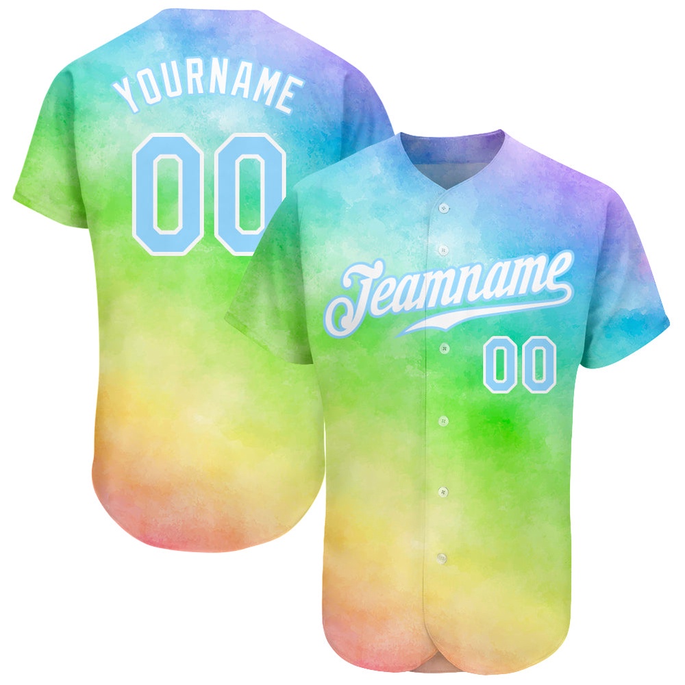 Tie Dye Light Blue-White 3D Rainbow Authentic Baseball Jersey, Custom Baseball Jersey, Personalized Sport Jersey