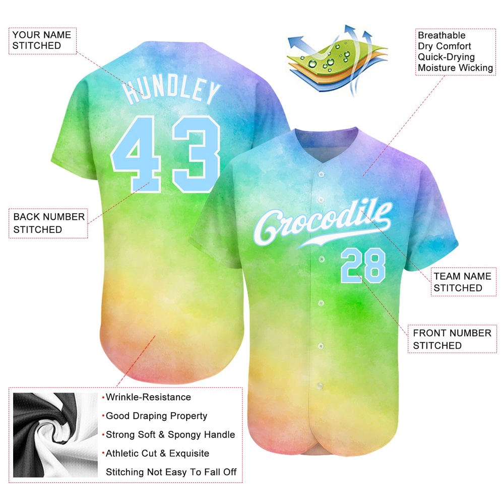 Tie Dye Light Blue-White 3D Rainbow Authentic Baseball Jersey, Custom Baseball Jersey, Personalized Sport Jersey