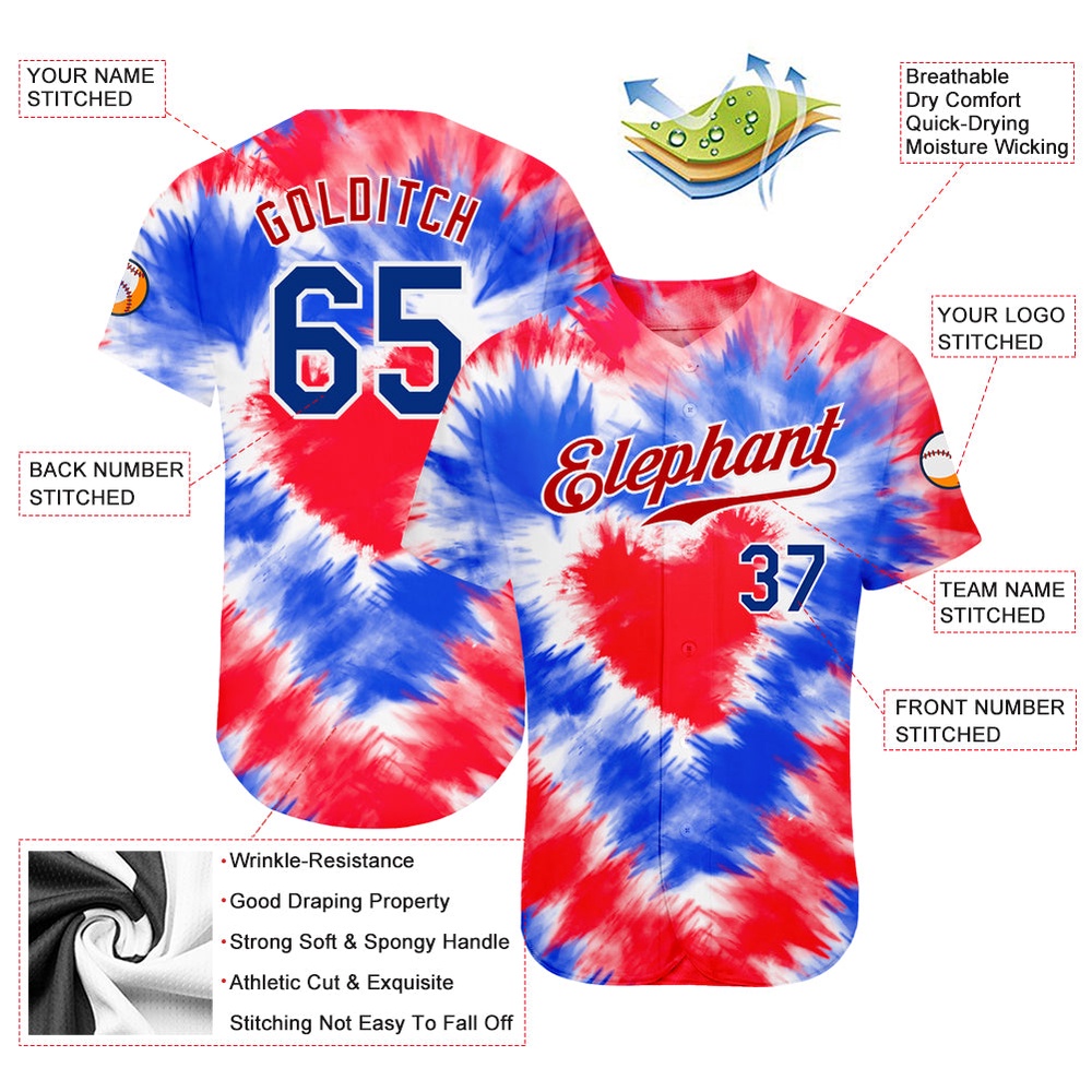 Tie Dye Royal-Red 3D American Flag Authentic Baseball Jersey, Custom Baseball Jersey, Personalized Sport Jersey Tie Dye Royal-Red 3D American Flag Authentic Baseball Jersey, Custom Baseball Jersey, Personalized Sport Jersey