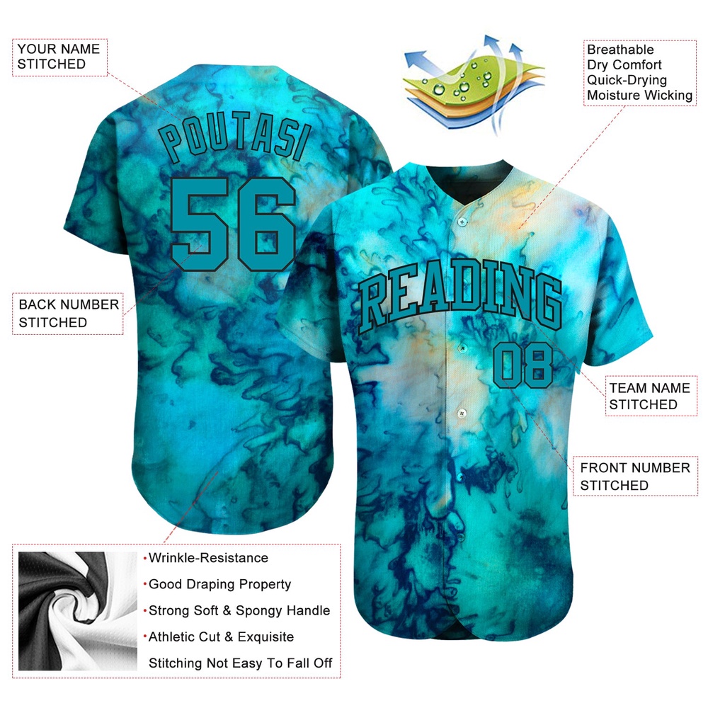 Tie Dye Teal-Black 3D Authentic Baseball Jersey, Custom Baseball Jersey, Personalized Sport Jersey