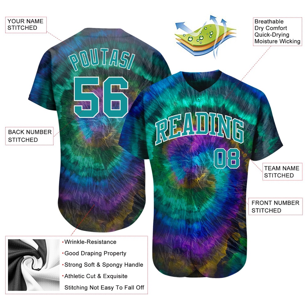 Tie Dye Teal-White 3D Authentic Baseball Jersey, Custom Baseball Jersey, Personalized Sport Jersey