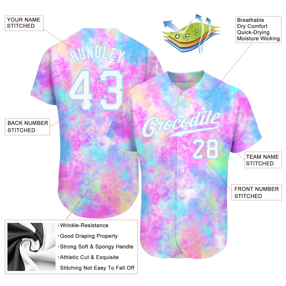 Tie Dye White-Light Blue 3D Watercolor Gradient Authentic Baseball Jersey, Custom Baseball Jersey, Personalized Sport Jersey