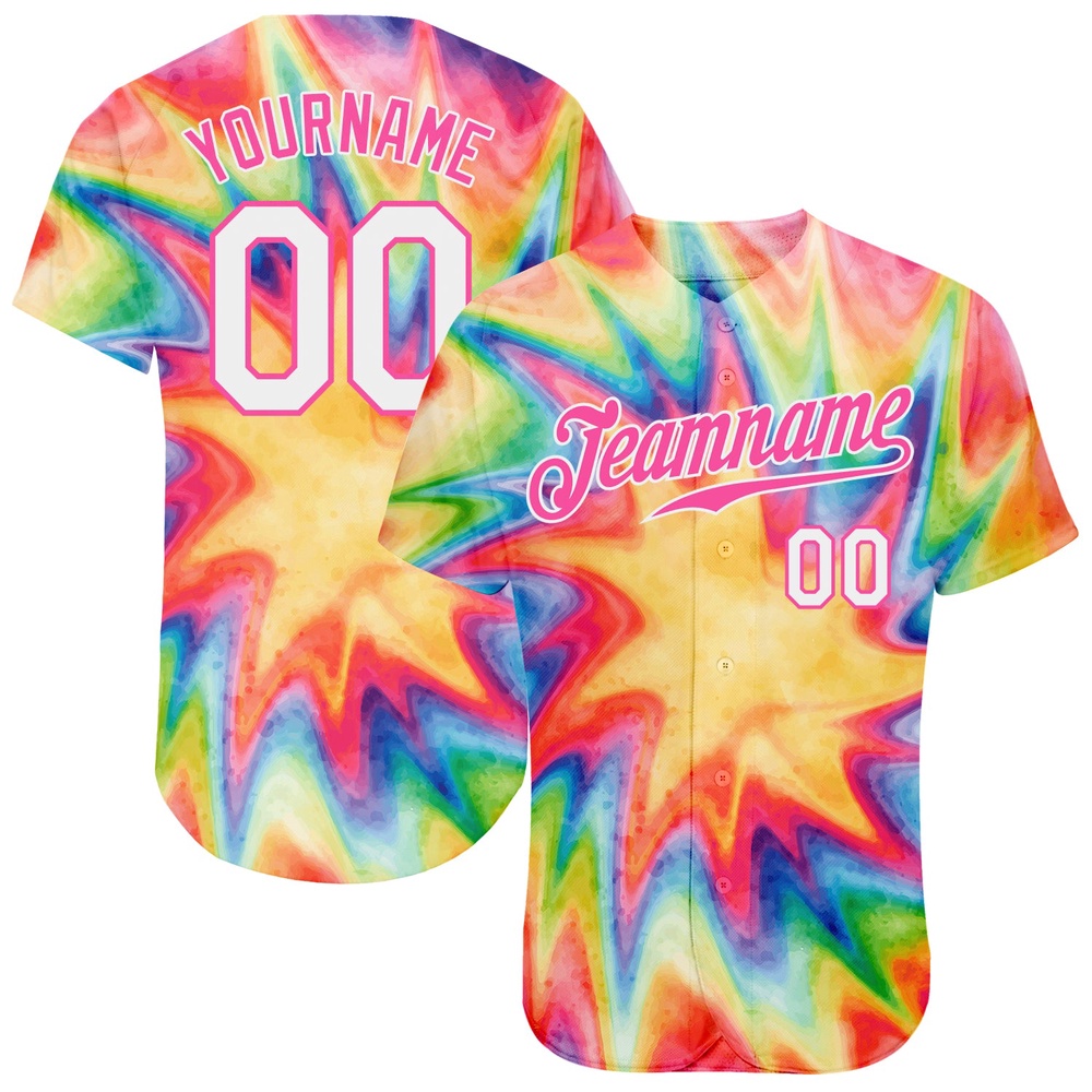 Tie Dye White-Pink 3D Watercolor Rainbow Authentic Baseball Jersey, Custom Baseball Jersey, Personalized Sport Jersey