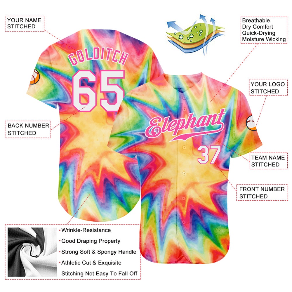 Tie Dye White-Pink 3D Watercolor Rainbow Authentic Baseball Jersey, Custom Baseball Jersey, Personalized Sport Jersey