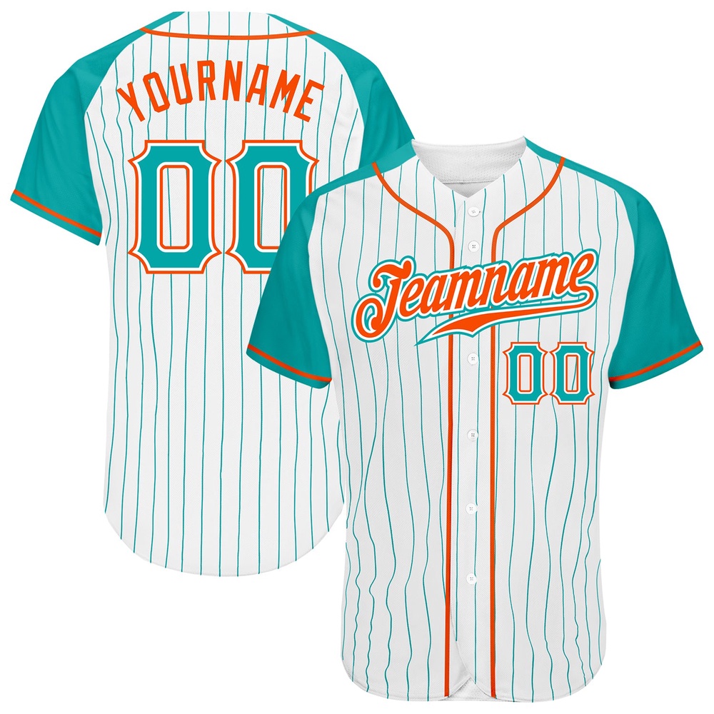 White Aqua Pinstripe Aqua-Orange Authentic Raglan Sleeves Baseball Jersey, Custom Baseball Jersey, Personalized Sport Jersey White Aqua Pinstripe Aqua-Orange Authentic Raglan Sleeves Baseball Jersey, Custom Baseball Jersey, Personalized Sport Jersey