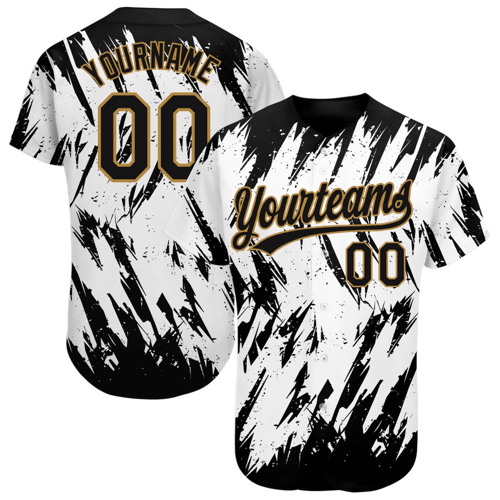 White Black-Old Gold 3D Pattern Design Authentic Baseball Jersey, Custom Baseball Jersey, Personalized Sport Jersey White Black-Old Gold 3D Pattern Design Authentic Baseball Jersey, Custom Baseball Jersey, Personalized Sport Jersey