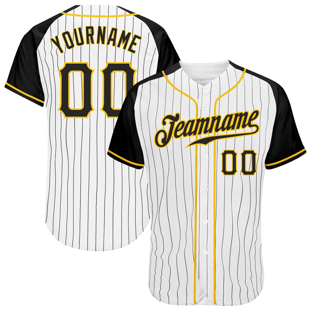 White Black Pinstripe Black-Gold Authentic Raglan Sleeves Baseball Jersey, Custom Baseball Jersey, Personalized Sport Jersey White Black Pinstripe Black-Gold Authentic Raglan Sleeves Baseball Jersey, Custom Baseball Jersey, Personalized Sport Jersey
