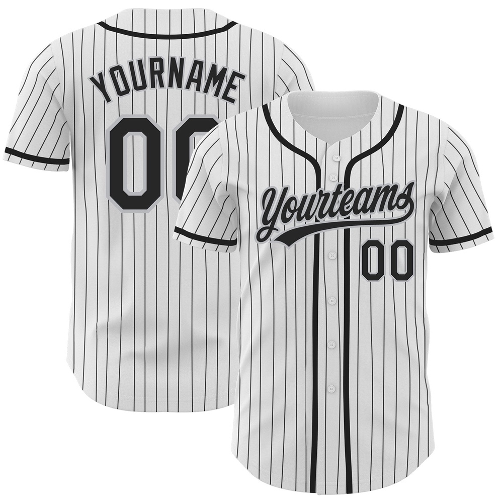 White Black Pinstripe Black-Gray Authentic Baseball Jersey, Custom Baseball Jersey, Personalized Sport Jersey White Black Pinstripe Black-Gray Authentic Baseball Jersey, Custom Baseball Jersey, Personalized Sport Jersey