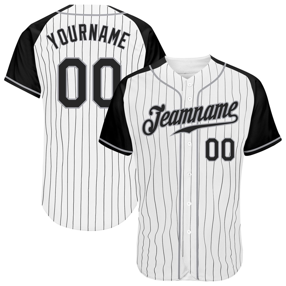 White Black Pinstripe Black-Gray Authentic Raglan Sleeves Baseball Jersey, Custom Baseball Jersey, Personalized Sport Jersey White Black Pinstripe Black-Gray Authentic Raglan Sleeves Baseball Jersey, Custom Baseball Jersey, Personalized Sport Jersey