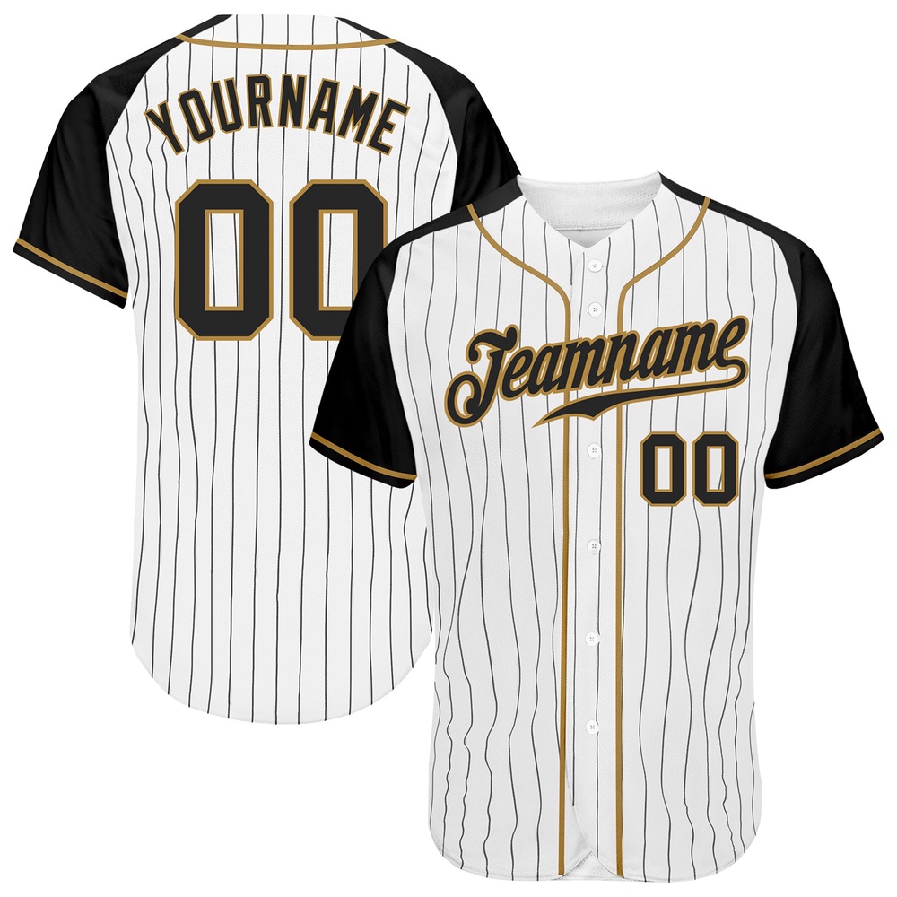 White Black Pinstripe Black-Old Gold Authentic Raglan Sleeves Baseball Jersey, Custom Baseball Jersey, Personalized Sport Jersey White Black Pinstripe Black-Old Gold Authentic Raglan Sleeves Baseball Jersey, Custom Baseball Jersey, Personalized Sport Jersey