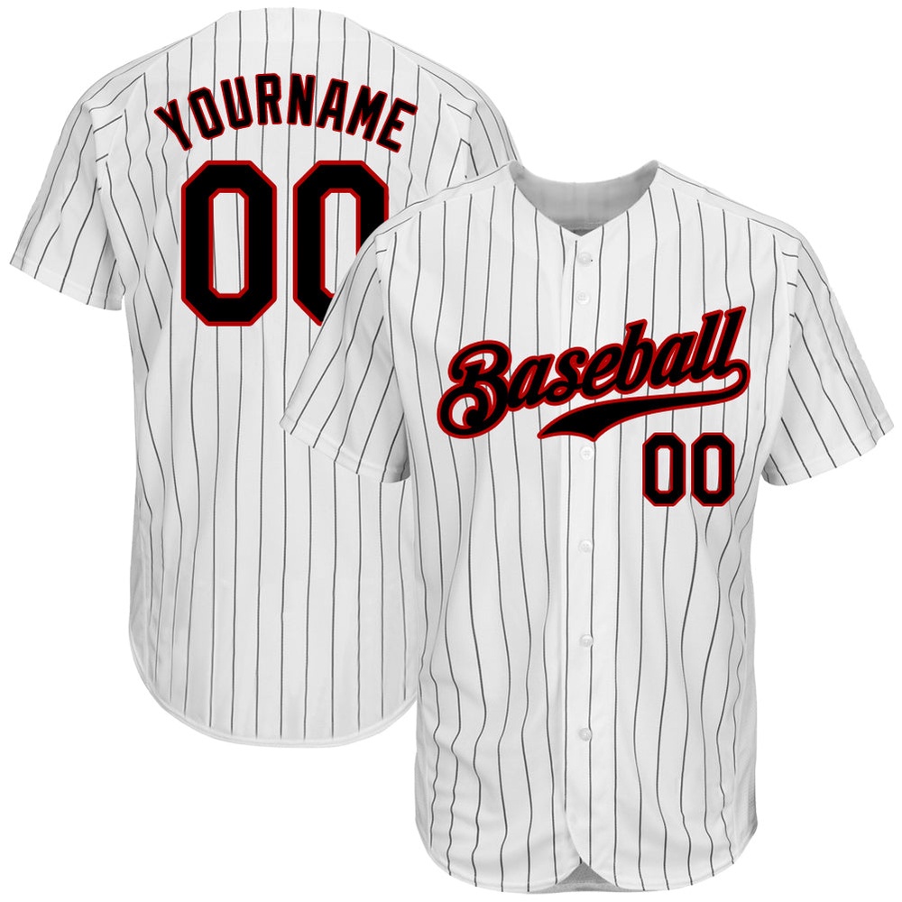 White Black Pinstripe Black-Red Authentic Baseball Jersey, Custom Baseball Jersey, Personalized Sport Jersey White Black Pinstripe Black-Red Authentic Baseball Jersey, Custom Baseball Jersey, Personalized Sport Jersey