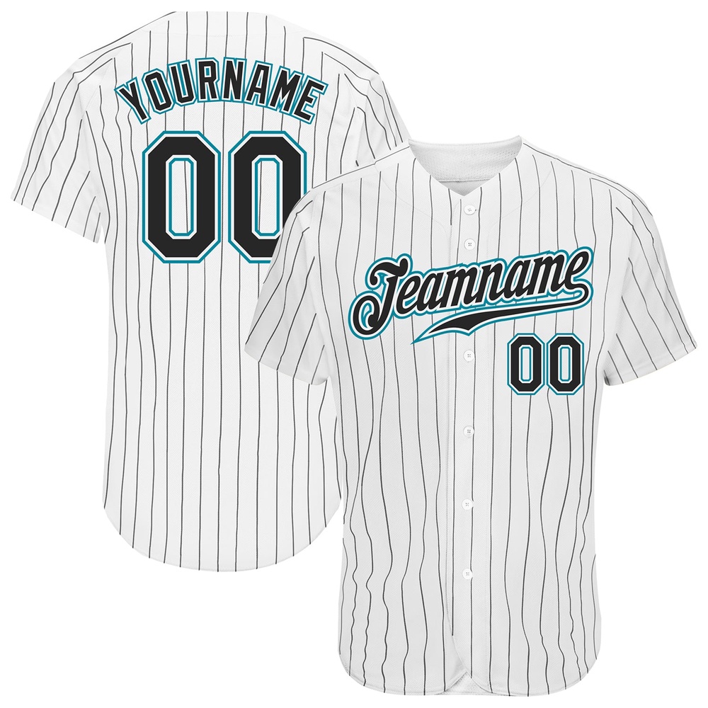 White Black Pinstripe Black-Teal Authentic Baseball Jersey, Custom Baseball Jersey, Personalized Sport Jersey White Black Pinstripe Black-Teal Authentic Baseball Jersey, Custom Baseball Jersey, Personalized Sport Jersey