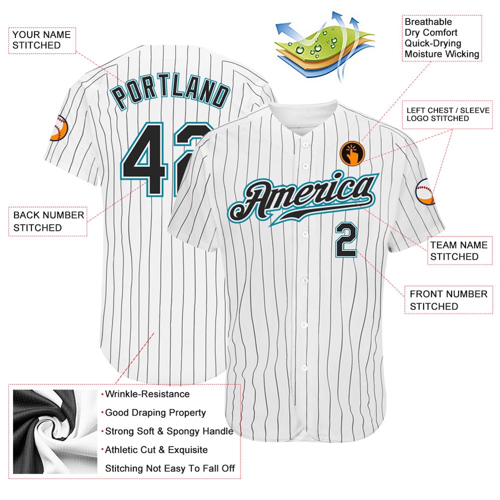 White Black Pinstripe Black-Teal Authentic Baseball Jersey, Custom Baseball Jersey, Personalized Sport Jersey White Black Pinstripe Black-Teal Authentic Baseball Jersey, Custom Baseball Jersey, Personalized Sport Jersey