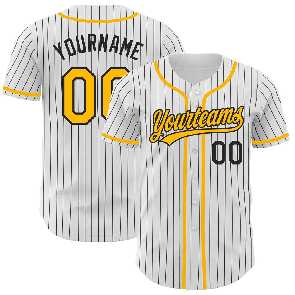 White Black Pinstripe Gold Authentic Baseball Jersey, Custom Baseball Jersey, Personalized Sport Jersey White Black Pinstripe Gold Authentic Baseball Jersey, Custom Baseball Jersey, Personalized Sport Jersey