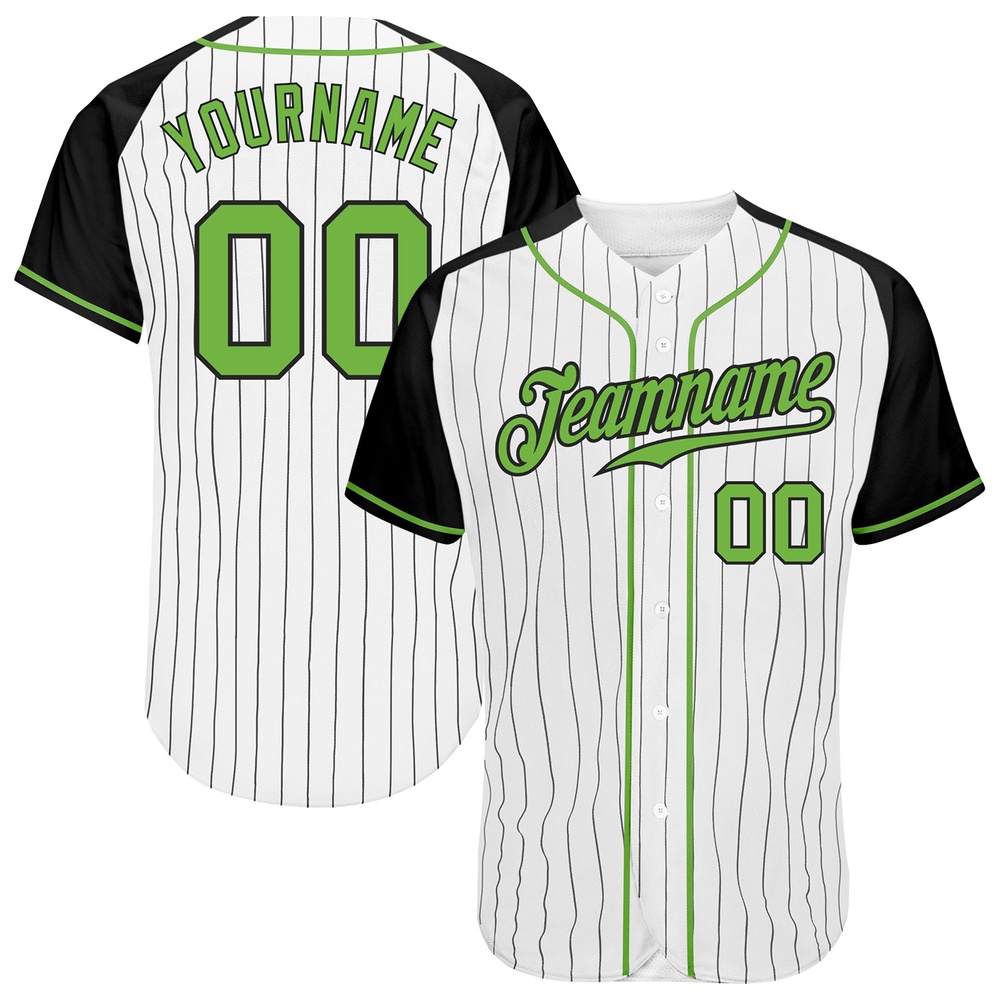White Black Pinstripe Neon Green-Black Authentic Raglan Sleeves Baseball Jersey, Custom Baseball Jersey, Personalized Sport Jersey White Black Pinstripe Neon Green-Black Authentic Raglan Sleeves Baseball Jersey, Custom Baseball Jersey, Personalized Sport Jersey