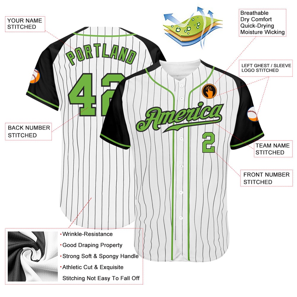 White Black Pinstripe Neon Green-Black Authentic Raglan Sleeves Baseball Jersey, Custom Baseball Jersey, Personalized Sport Jersey White Black Pinstripe Neon Green-Black Authentic Raglan Sleeves Baseball Jersey, Custom Baseball Jersey, Personalized Sport Jersey