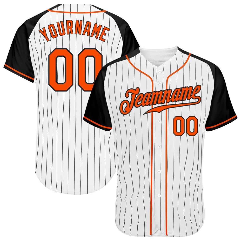 White Black Pinstripe Orange-Black Authentic Raglan Sleeves Baseball Jersey, Custom Baseball Jersey, Personalized Sport Jersey