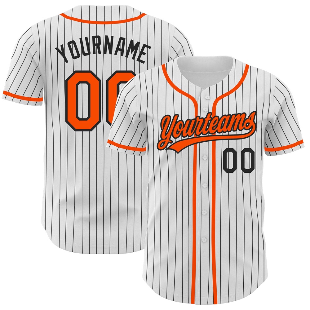White Black Pinstripe Orange Authentic Baseball Jersey, Custom Baseball Jersey, Personalized Sport Jersey
