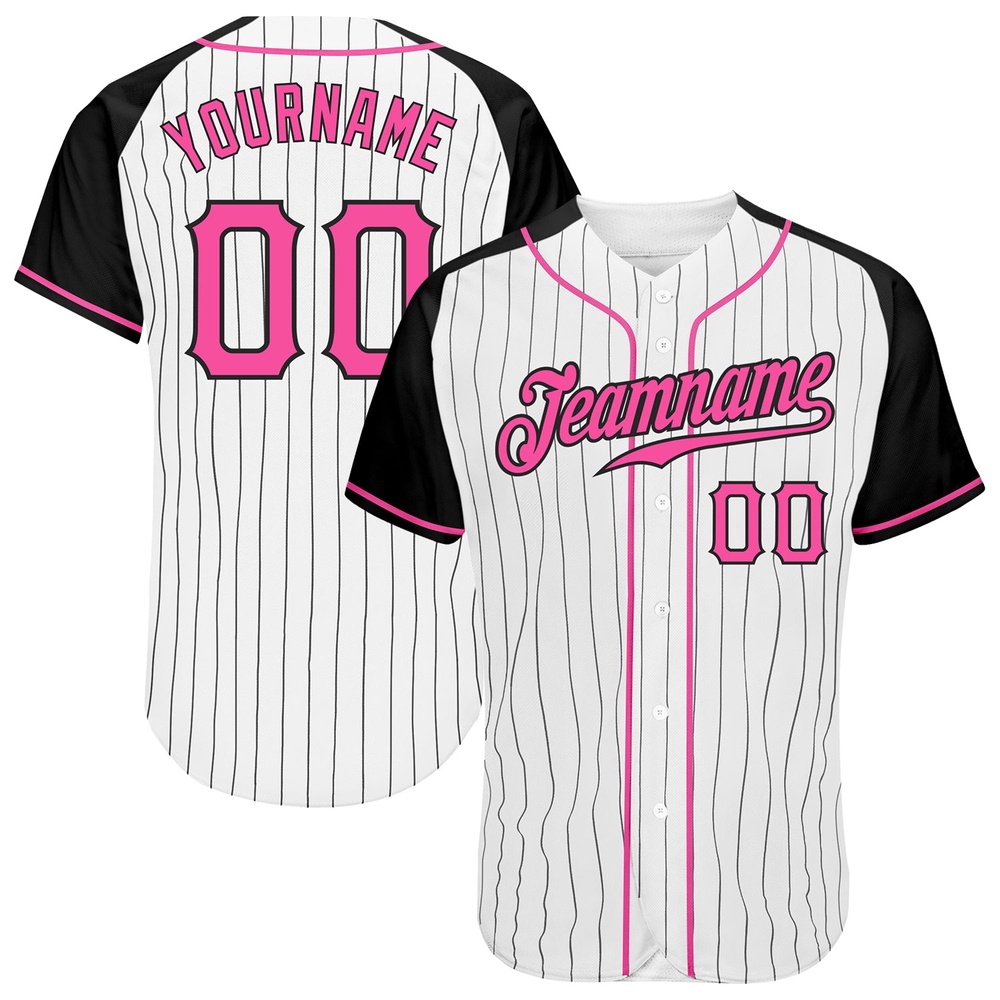 White Black Pinstripe Pink-Black Authentic Raglan Sleeves Baseball Jersey, Custom Baseball Jersey, Personalized Sport Jersey White Black Pinstripe Pink-Black Authentic Raglan Sleeves Baseball Jersey, Custom Baseball Jersey, Personalized Sport Jersey