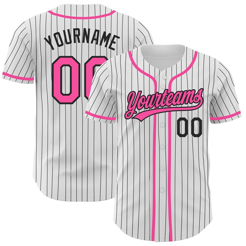 White Black Pinstripe Pink Authentic Baseball Jersey, Custom Baseball Jersey, Personalized Sport Jersey