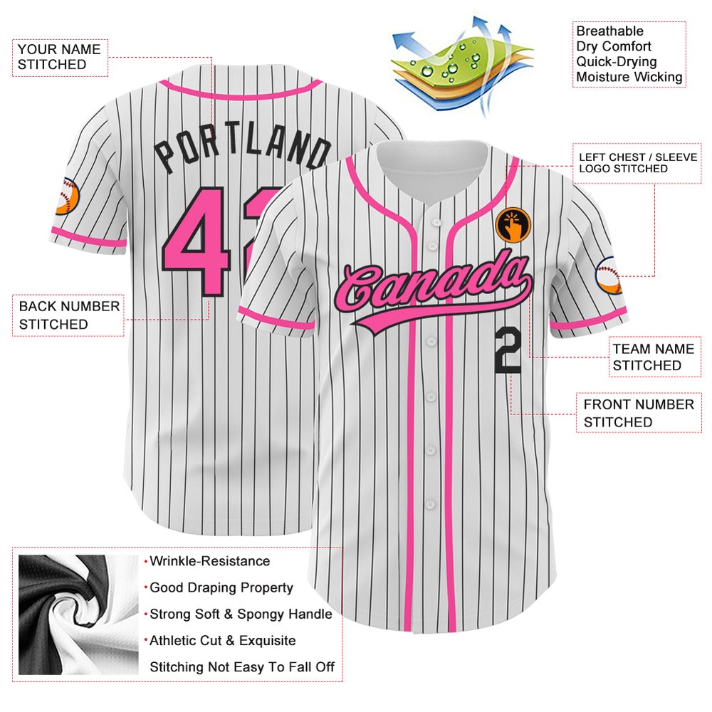 White Black Pinstripe Pink Authentic Baseball Jersey, Custom Baseball Jersey, Personalized Sport Jersey