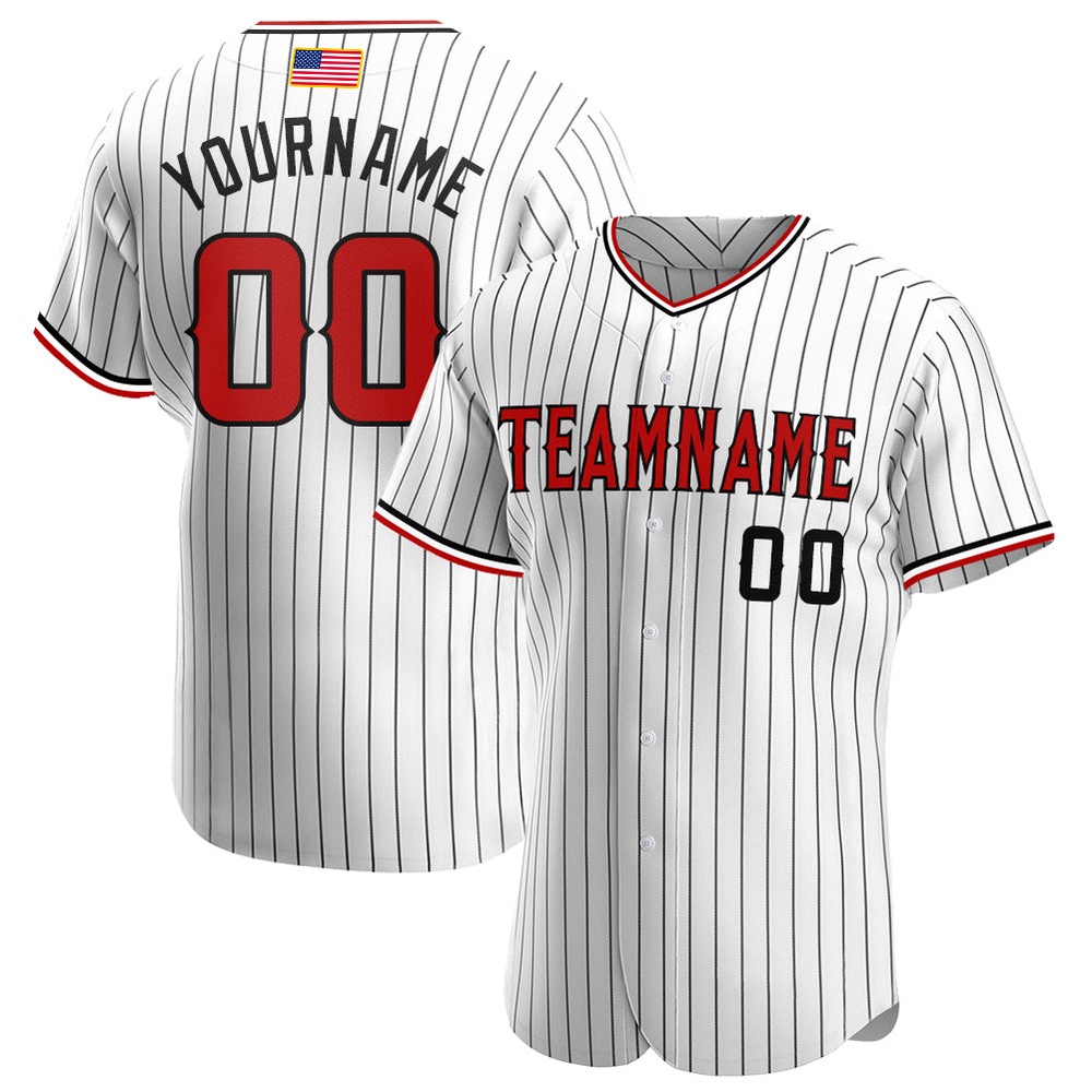 White Black Pinstripe Red-Black Authentic American Flag Fashion Baseball Jersey, Custom Baseball Jersey, Personalized Sport Jersey