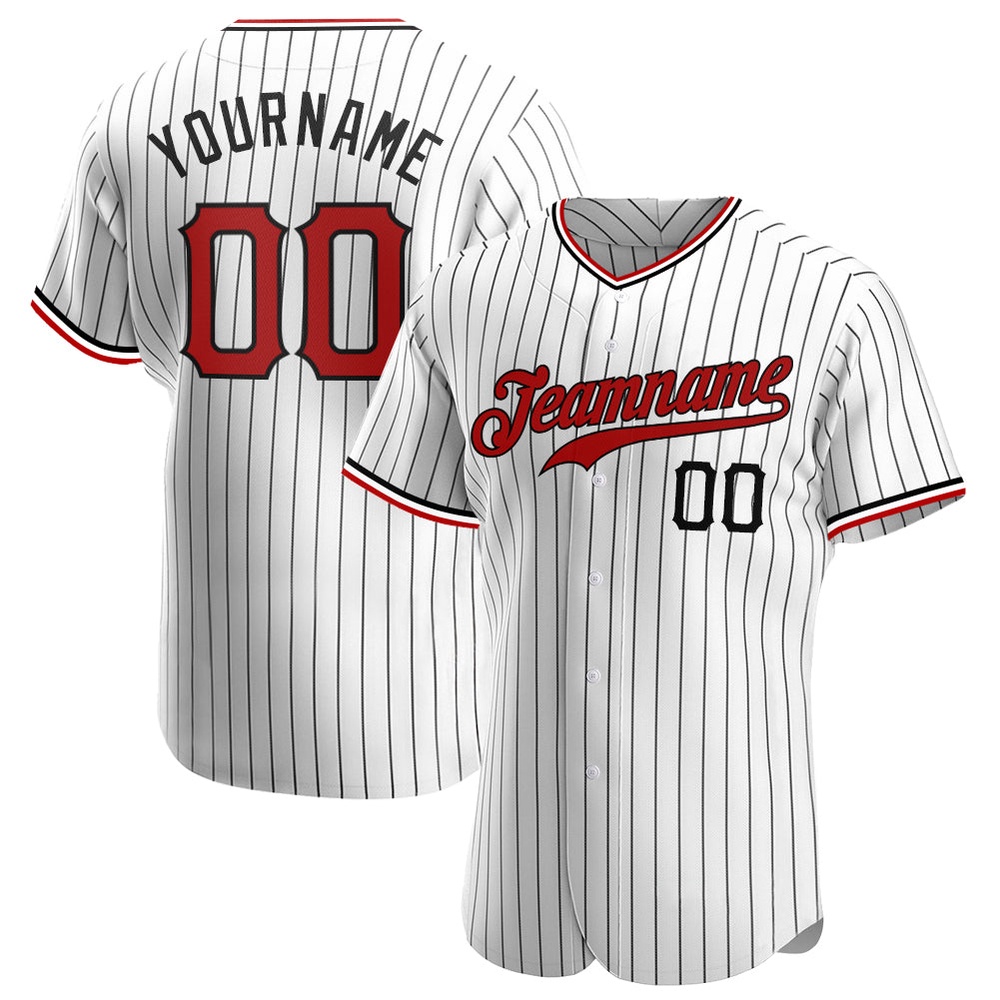 White Black Pinstripe Red-Black Authentic Baseball Jersey, Custom Baseball Jersey, Personalized Sport Jersey White Black Pinstripe Red-Black Authentic Baseball Jersey, Custom Baseball Jersey, Personalized Sport Jersey