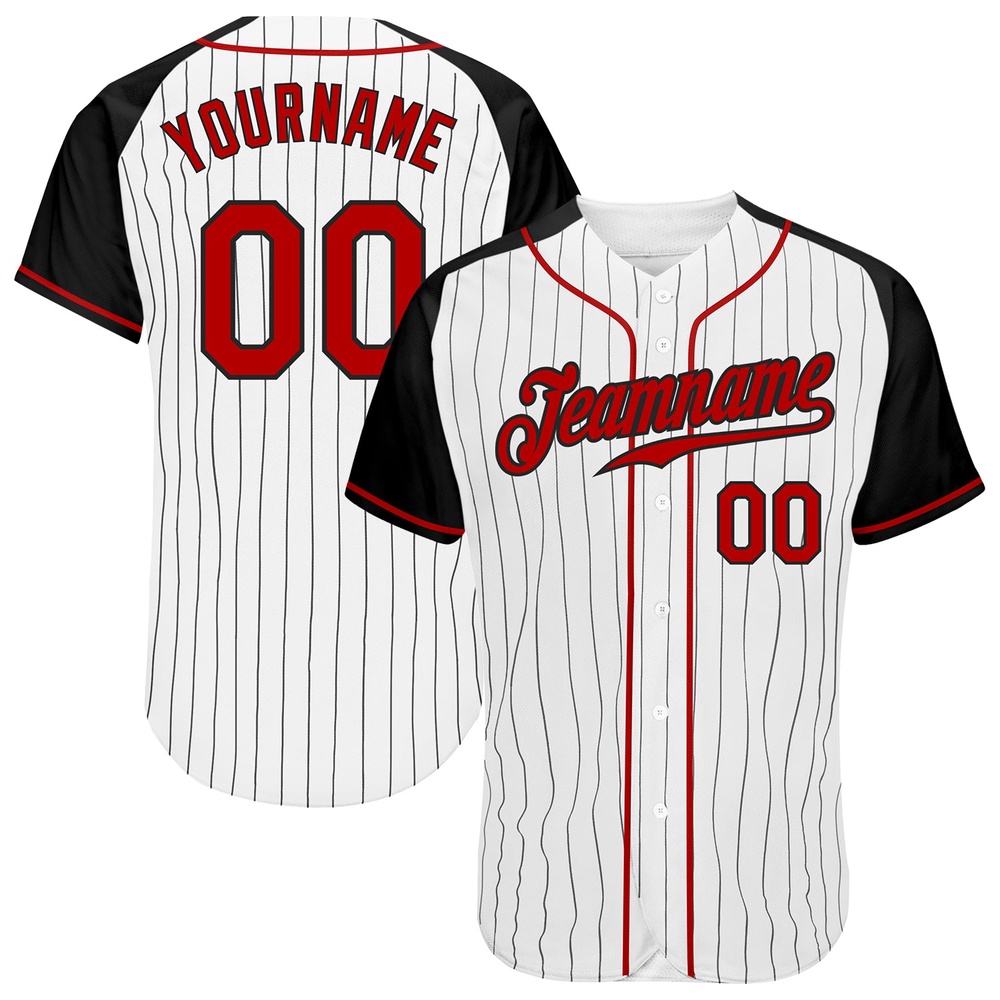 White Black Pinstripe Red-Black Authentic Raglan Sleeves Baseball Jersey, Custom Baseball Jersey, Personalized Sport Jersey White Black Pinstripe Red-Black Authentic Raglan Sleeves Baseball Jersey, Custom Baseball Jersey, Personalized Sport Jersey