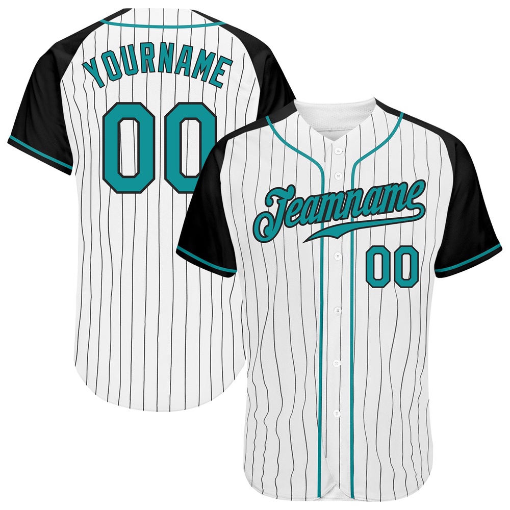 White Black Pinstripe Teal-Black Authentic Raglan Sleeves Baseball Jersey, Custom Baseball Jersey, Personalized Sport Jersey White Black Pinstripe Teal-Black Authentic Raglan Sleeves Baseball Jersey, Custom Baseball Jersey, Personalized Sport Jersey