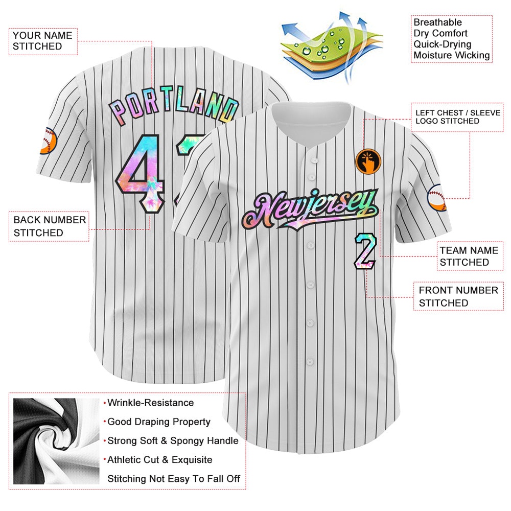 White Black Pinstripe Tie Dye Authentic Baseball Jersey, Custom Baseball Jersey, Personalized Sport Jersey White Black Pinstripe Tie Dye Authentic Baseball Jersey, Custom Baseball Jersey, Personalized Sport Jersey