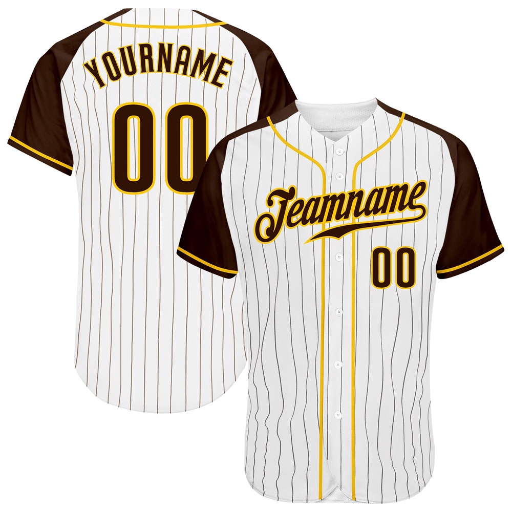 White Brown Pinstripe Brown-Gold Authentic Raglan Sleeves Baseball Jersey, Custom Baseball Jersey, Personalized Sport Jersey White Brown Pinstripe Brown-Gold Authentic Raglan Sleeves Baseball Jersey, Custom Baseball Jersey, Personalized Sport Jersey