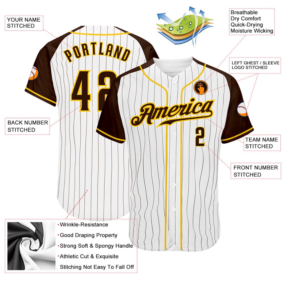 White Brown Pinstripe Brown-Gold Authentic Raglan Sleeves Baseball Jersey, Custom Baseball Jersey, Personalized Sport Jersey White Brown Pinstripe Brown-Gold Authentic Raglan Sleeves Baseball Jersey, Custom Baseball Jersey, Personalized Sport Jersey