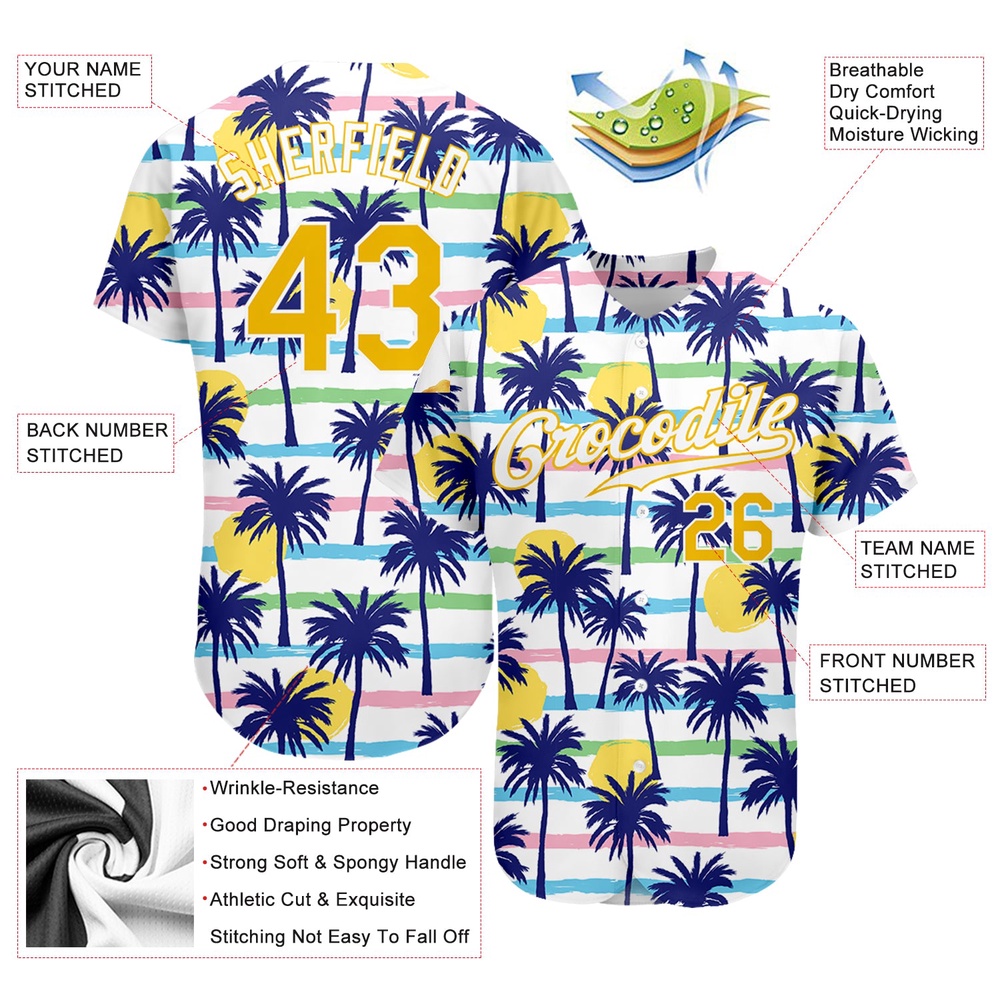 White Gold-White 3D Pattern Design Hawaii Palm Trees Authentic Baseball Jersey, Custom Baseball Jersey, Personalized Sport Jersey White Gold-White 3D Pattern Design Hawaii Palm Trees Authentic Baseball Jersey, Custom Baseball Jersey, Personalized Sport Jersey