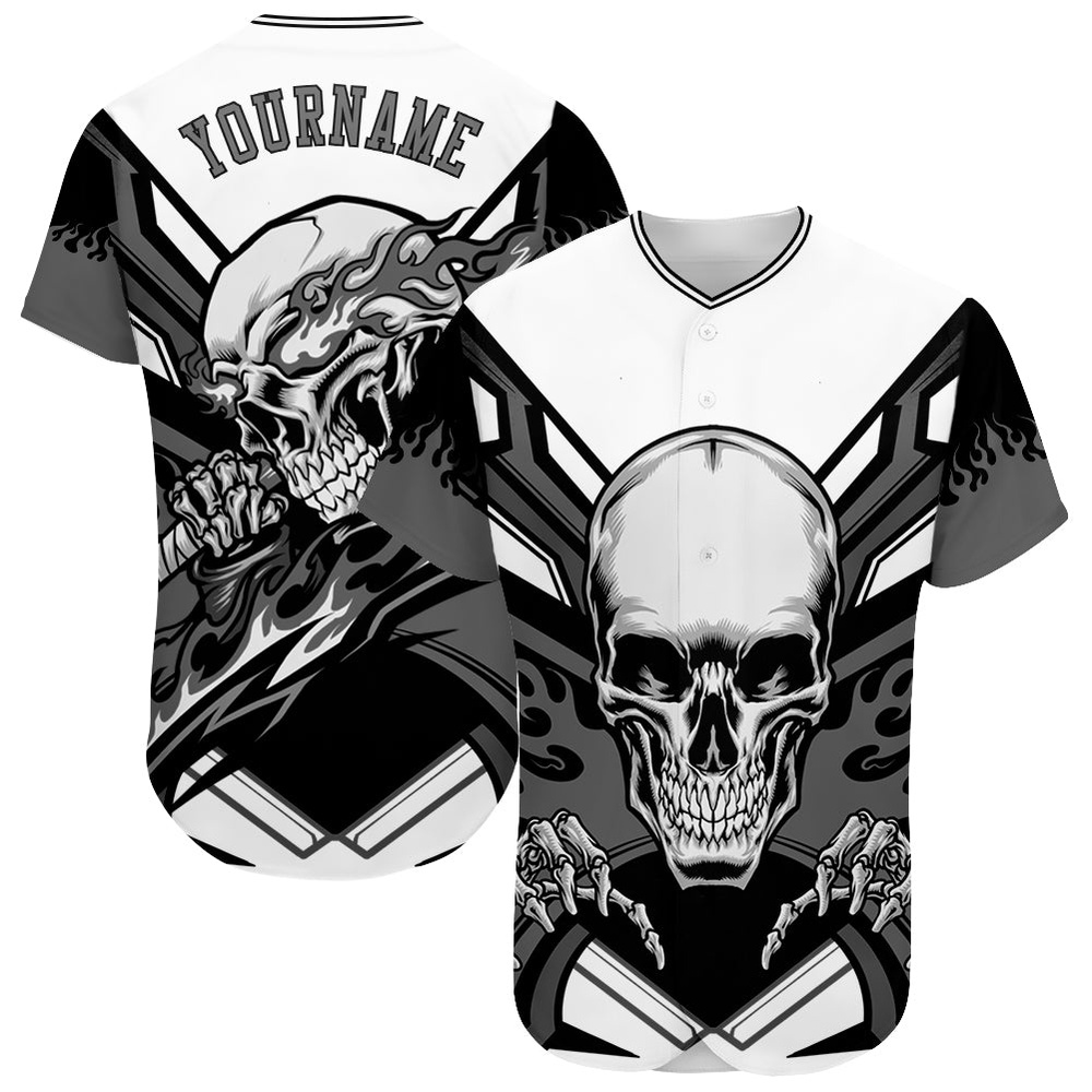 White Gray-Black 3D Skull Authentic Baseball Jersey, Custom Baseball Jersey, Personalized Sport Jersey
