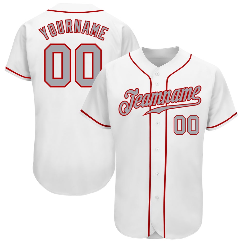 White Gray-Red Authentic Baseball Jersey, Custom Baseball Jersey, Personalized Sport Jersey
