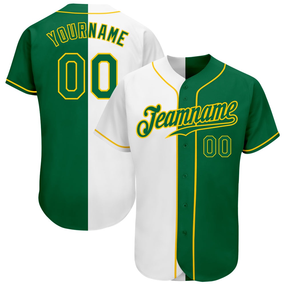 White Kelly Green-Gold Authentic Split Fashion Baseball Jersey, Custom Baseball Jersey, Personalized Sport Jersey