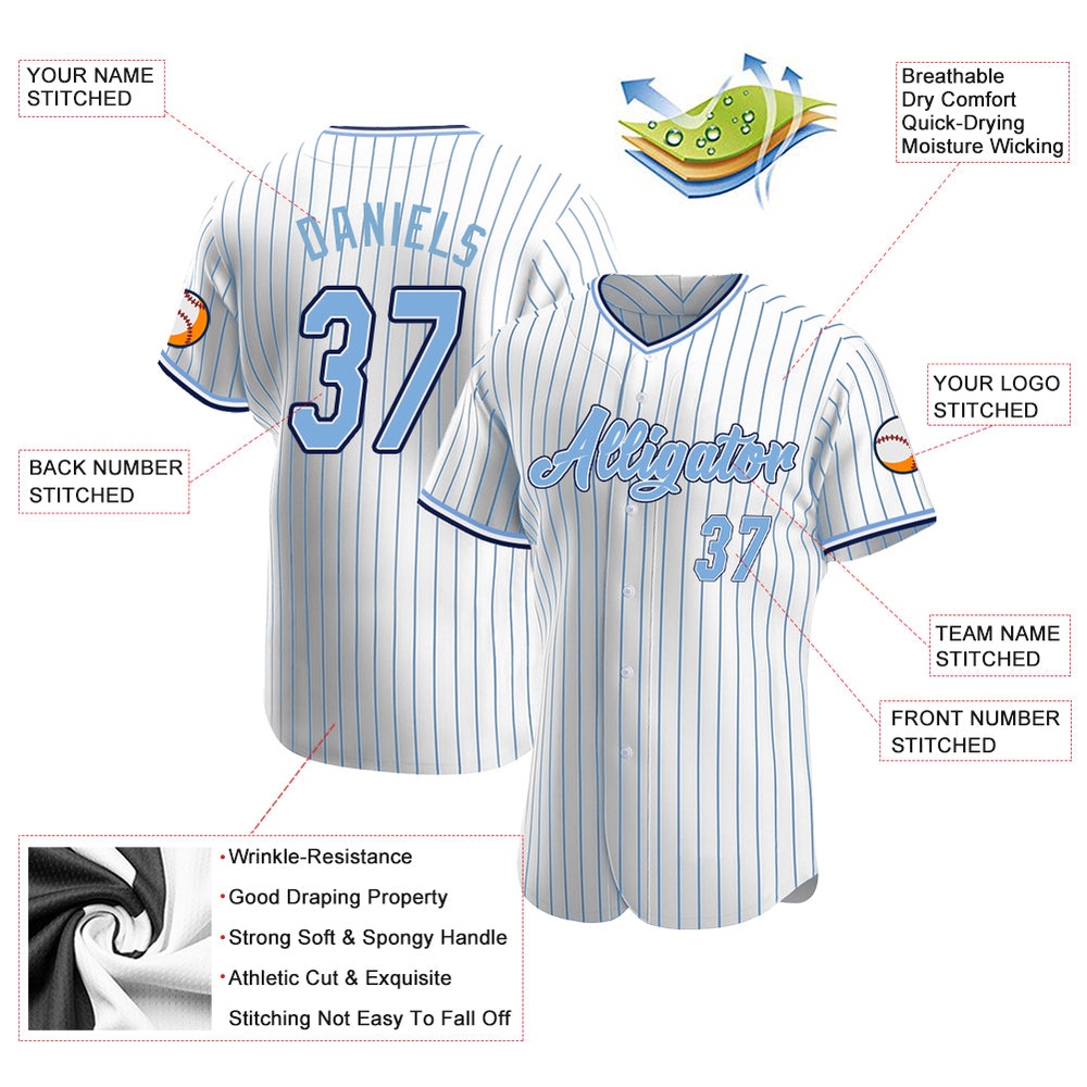 White Light Blue Pinstripe Light Blue-Navy Authentic Baseball Jersey, Custom Baseball Jersey, Personalized Sport Jersey