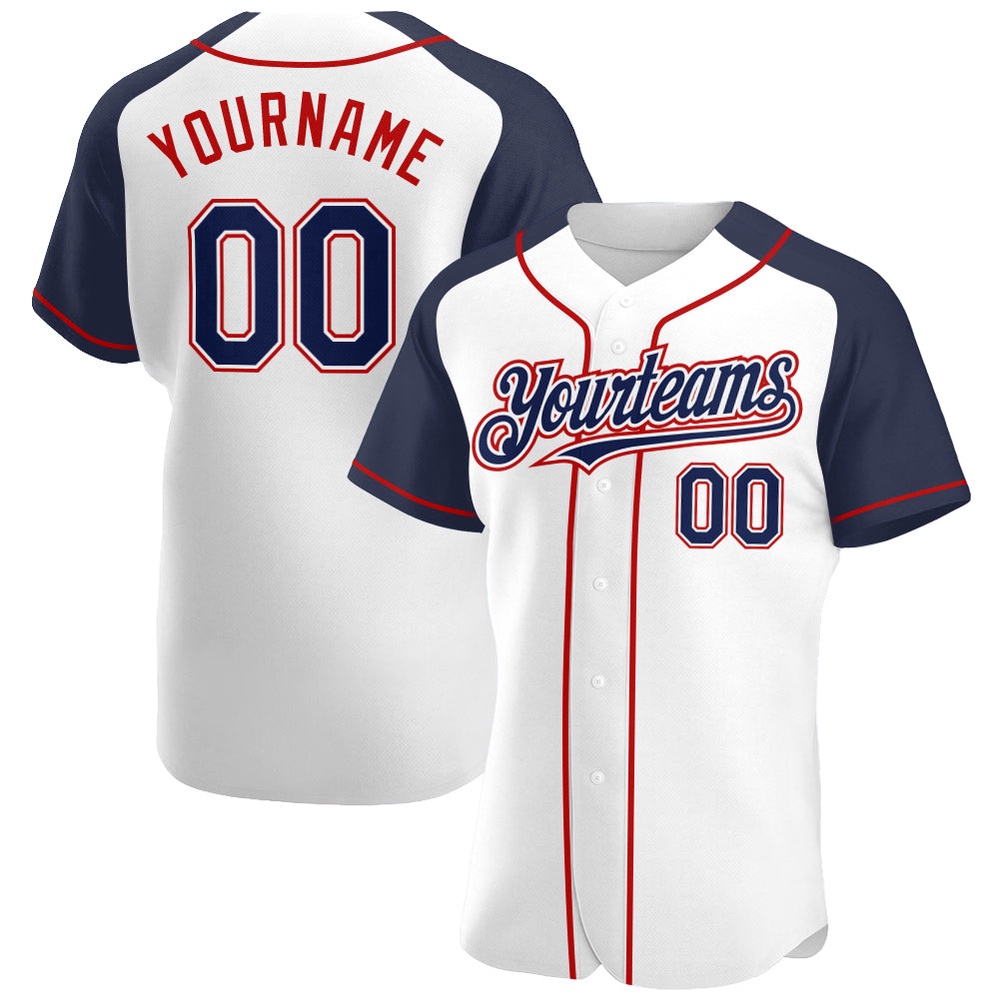 White Navy-Red Authentic Raglan Sleeves Baseball Jersey, Custom Baseball Jersey, Personalized Sport Jersey