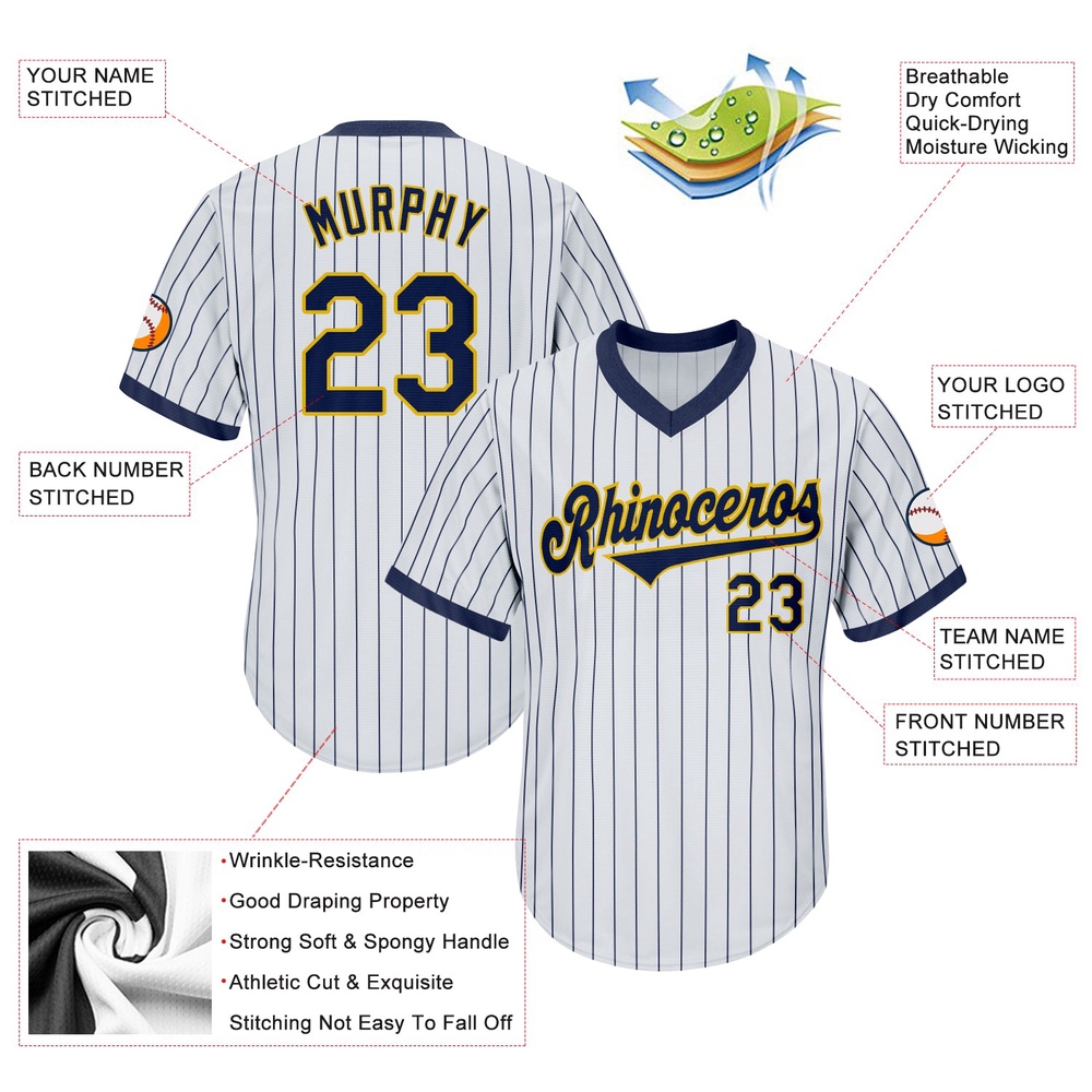 White Navy Pinstripe Navy-Gold Authentic Throwback Rib-Knit Baseball Jersey Shirt, Custom Baseball Jersey, Personalized Sport Jersey