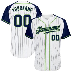 White Navy Pinstripe Navy-Neon Green Authentic Raglan…