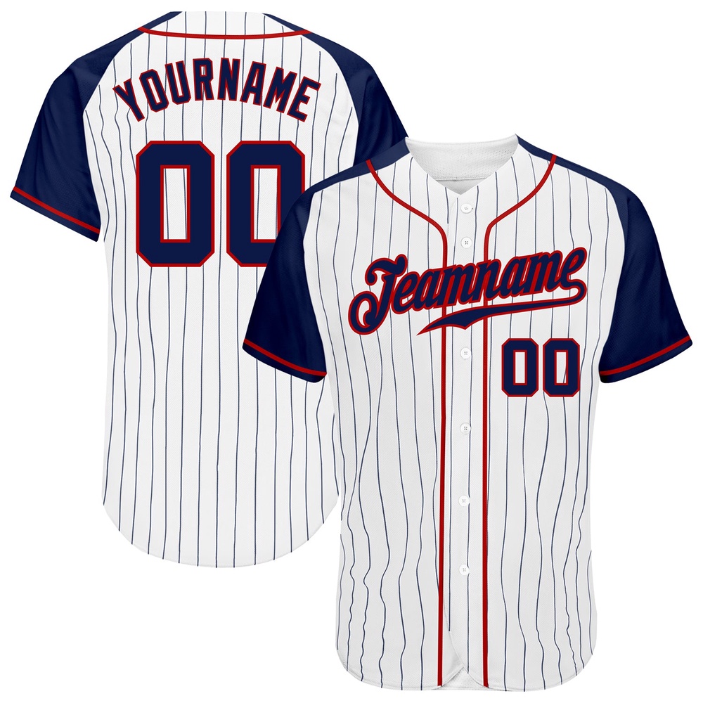 White Navy Pinstripe Navy-Red Authentic Raglan Sleeves Baseball Jersey, Custom Baseball Jersey, Personalized Sport Jersey