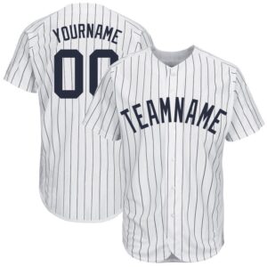 White Navy Pinstripe Navy Baseball Jersey, Custom…