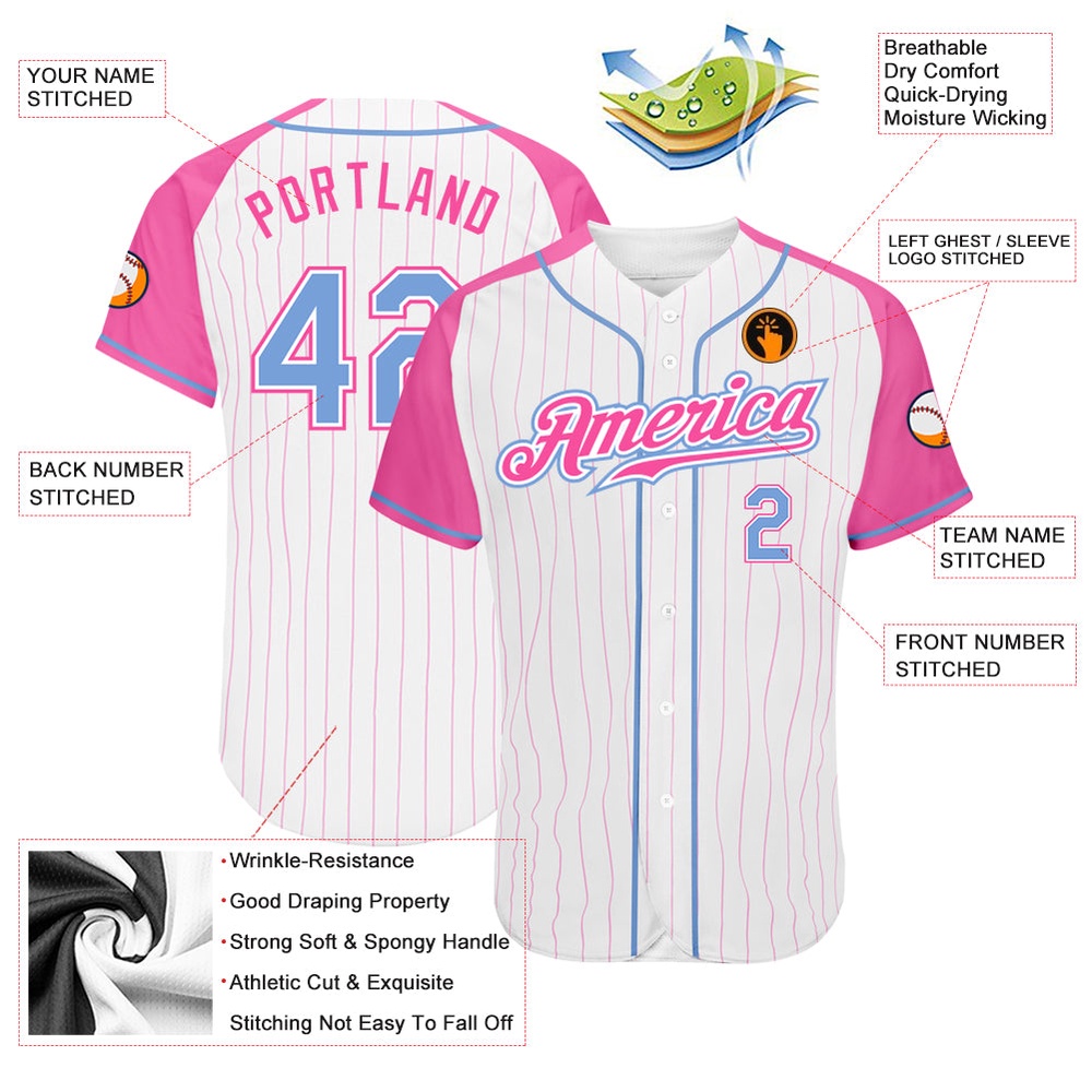 White Pink Pinstripe Light Blue-Pink Authentic Raglan Sleeves Baseball Jersey, Custom Baseball Jersey, Personalized Sport Jersey
