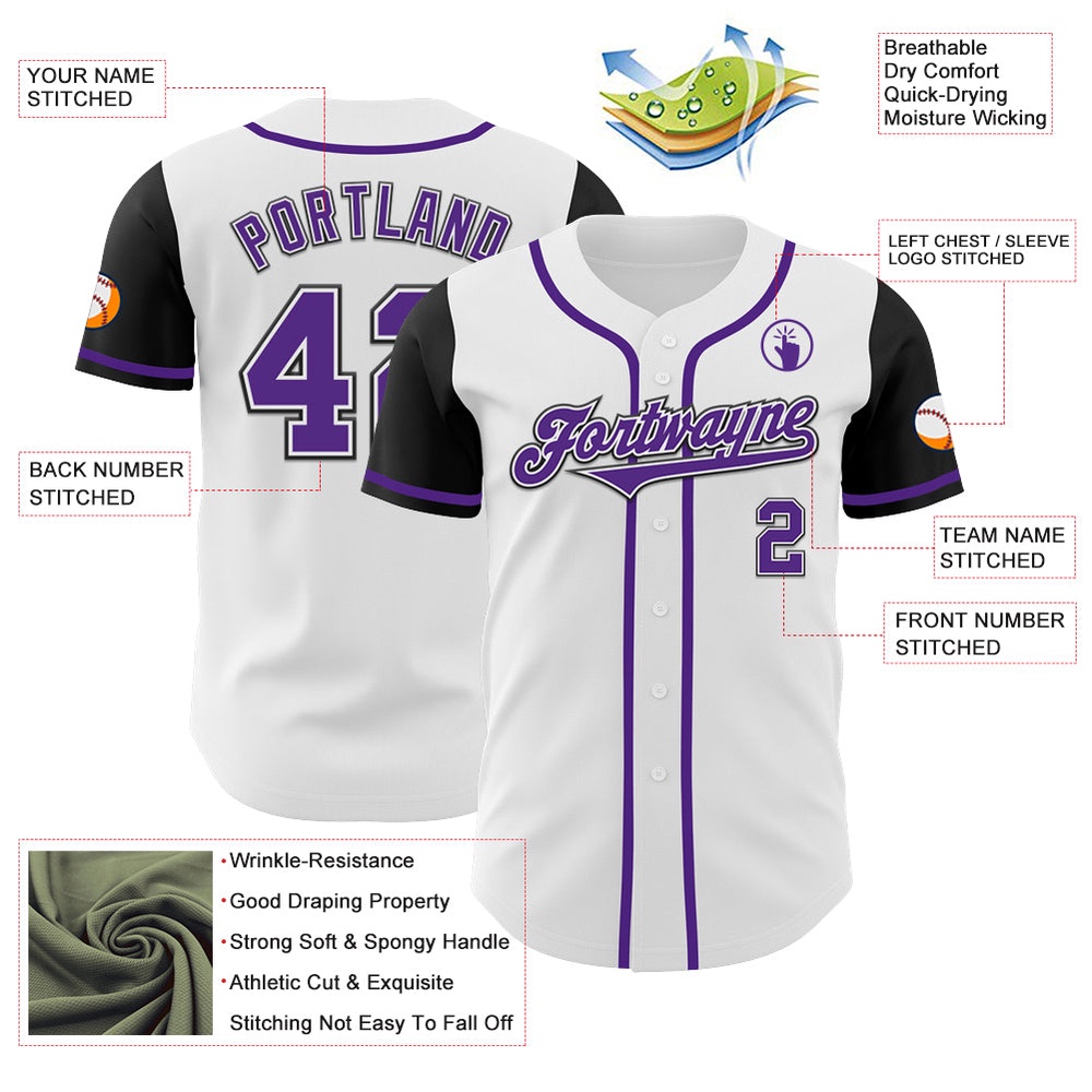 White Purple-Black Authentic Two Tone Baseball Jersey, Custom Baseball Jersey, Personalized Sport Jersey
