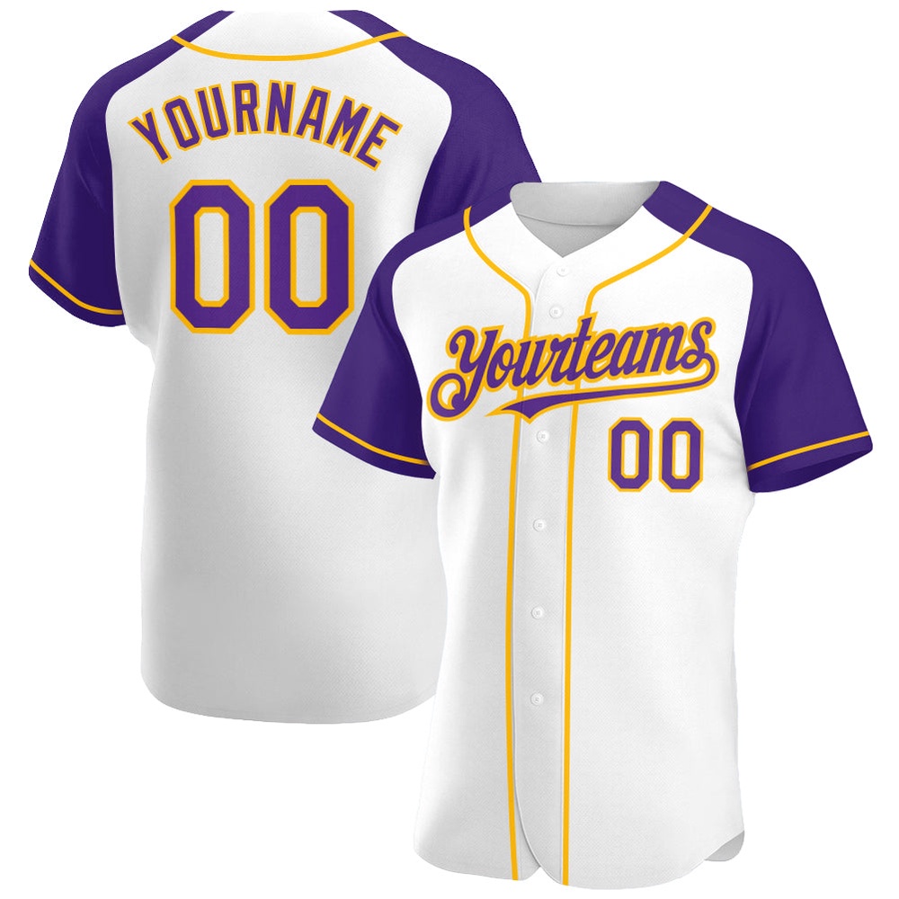 White Purple-Gold Authentic Raglan Sleeves Baseball Jersey, Custom Baseball Jersey, Personalized Sport Jersey